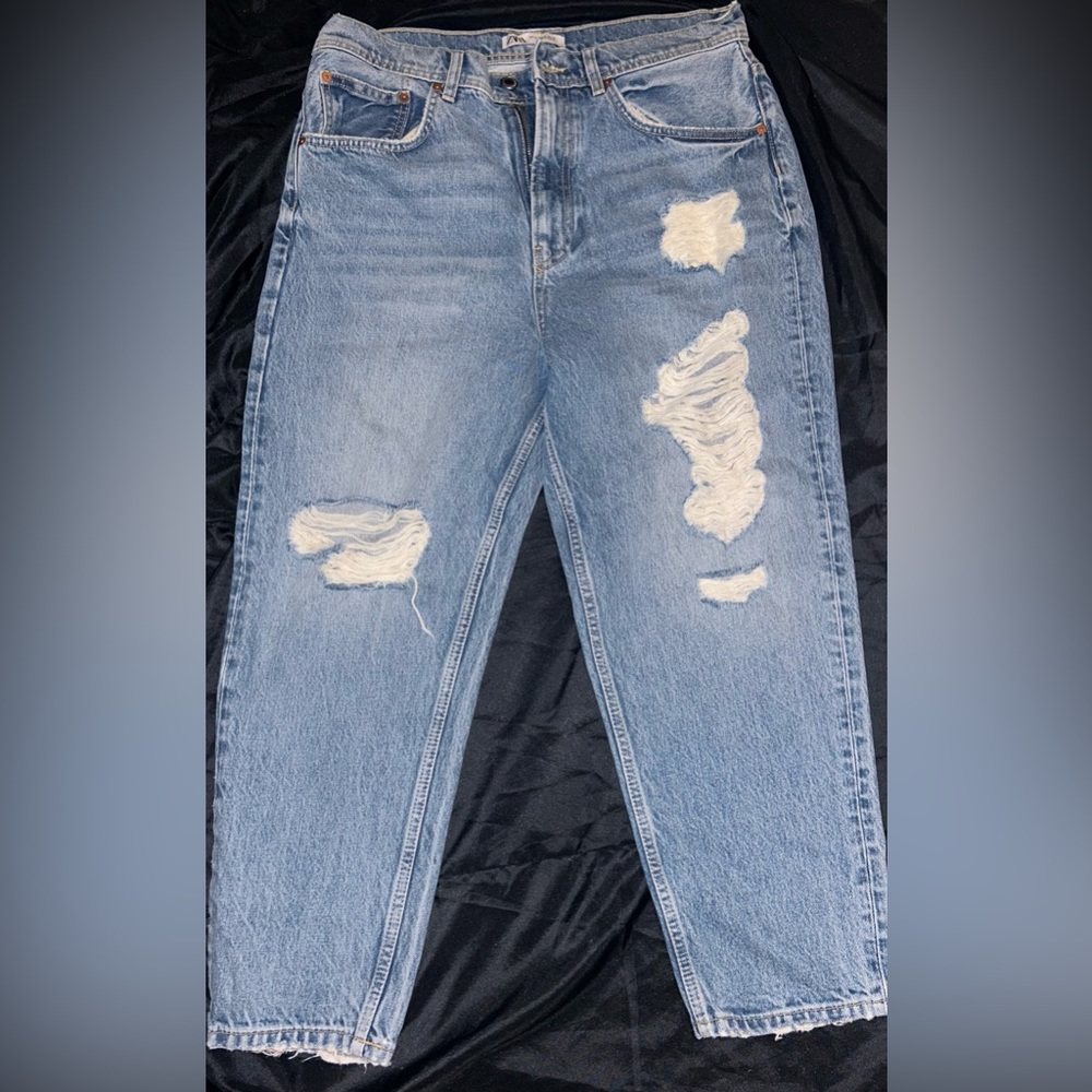 ZARA Denim Wear Distressed Straight Leg Pants Ripped Jeans Size 12